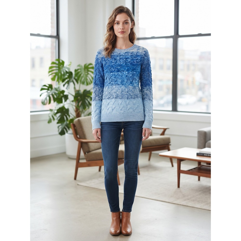 Lands End Drifter Blue Ombre Cable Knit Cotton Sweater Womens Medium